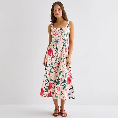 Melonie T Womens Midi Square Neck Sleeveless Floral Fit + Flare Dress