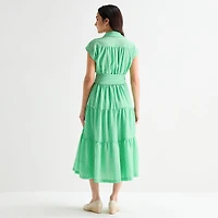Danny & Nicole Womens BELTED Short Sleeve Midi Striped Shirt Dress