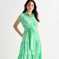 Danny & Nicole Womens BELTED Short Sleeve Midi Striped Shirt Dress