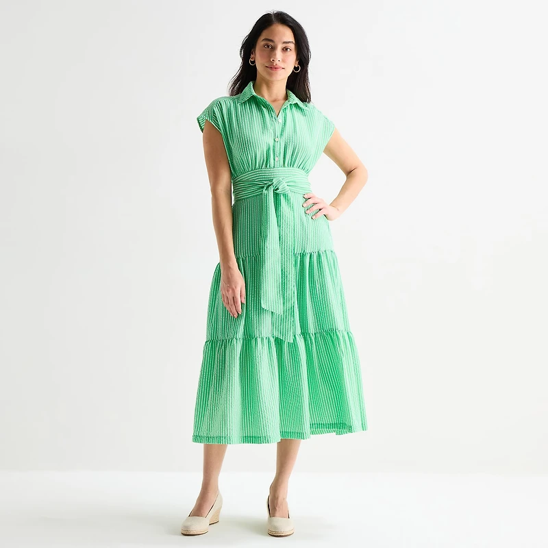 Danny & Nicole Womens BELTED Short Sleeve Midi Striped Shirt Dress