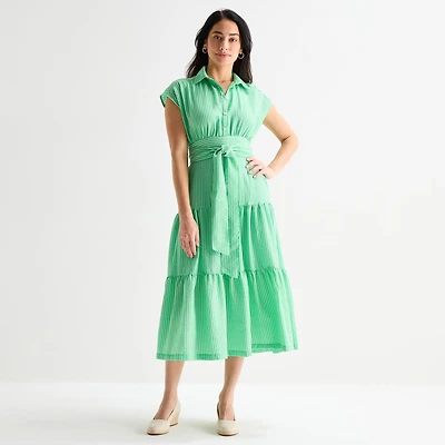 Danny & Nicole Womens BELTED Short Sleeve Midi Striped Shirt Dress