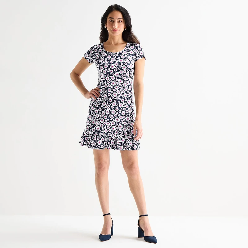 MSK Womens Round Neck Short Sleeve Floral Shift Dress