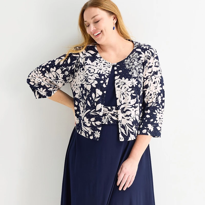 Jessica Howard Womens Plus Midi Floral Jacket Dress