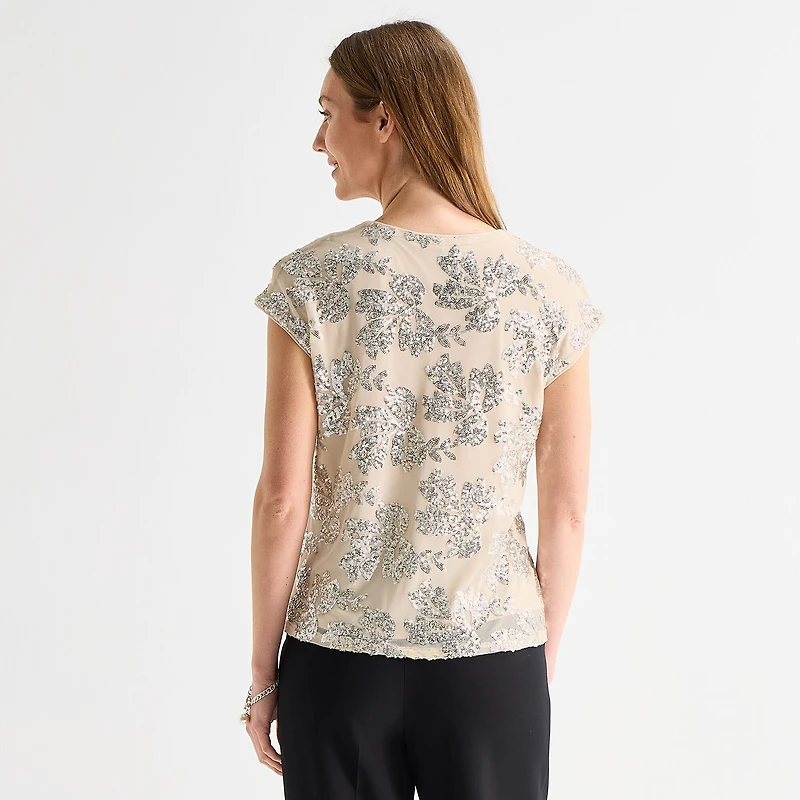 MSK Womens V Neck Short Sleeve Embellished Blouse