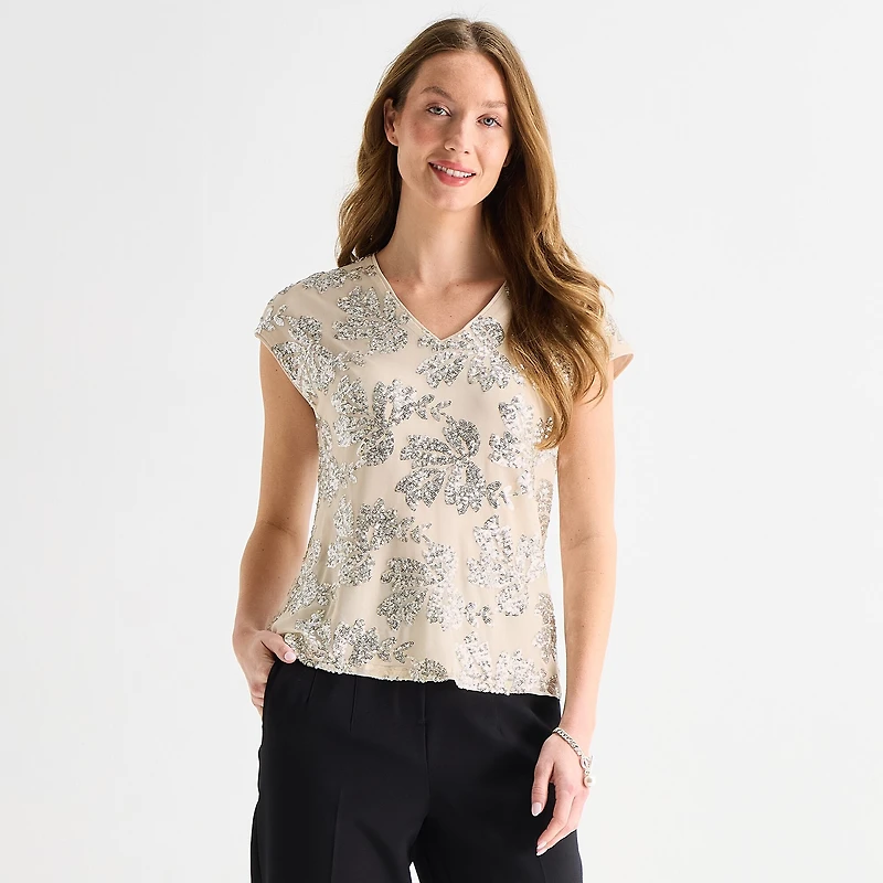 MSK Womens V Neck Short Sleeve Embellished Blouse