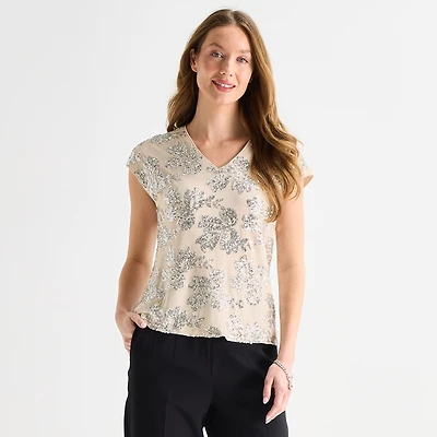 MSK Womens V Neck Short Sleeve Embellished Blouse