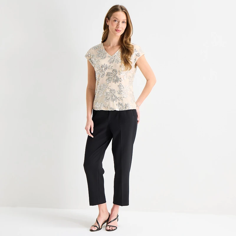MSK Womens V Neck Short Sleeve Embellished Blouse