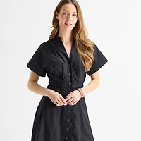 Liz Claiborne Womens Midi V Neck Short Sleeve A-Line Dress