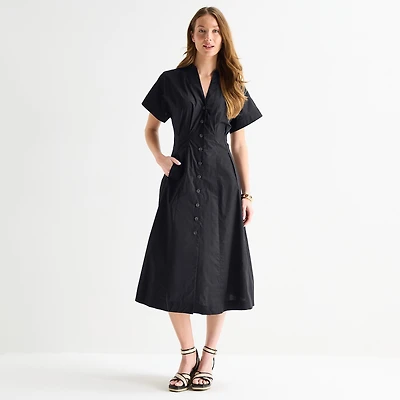 Liz Claiborne Womens Midi V Neck Short Sleeve A-Line Dress