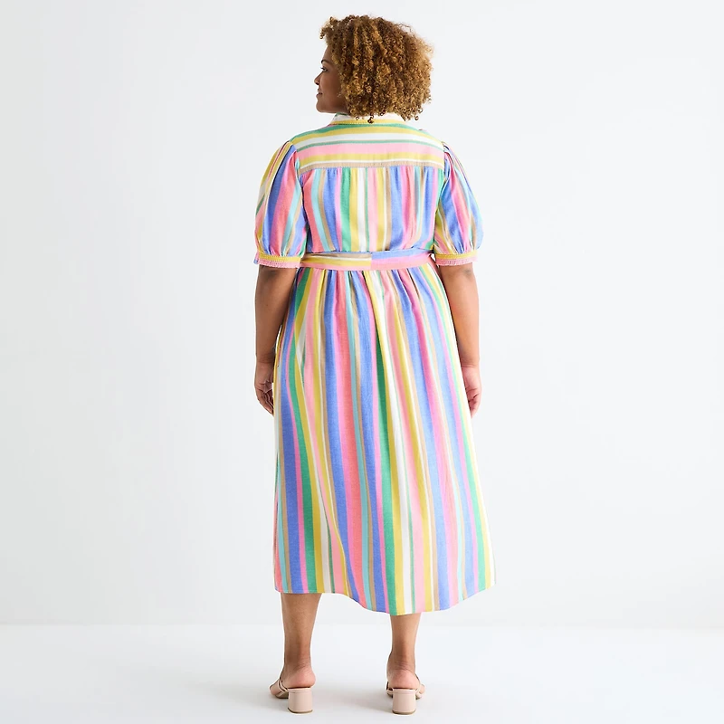 St. John's Bay Womens Plus Belted Elbow Sleeve Midi Striped Shirt Dress