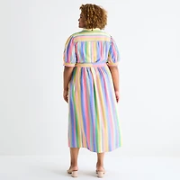 St. John's Bay Womens Plus Belted Elbow Sleeve Midi Striped Shirt Dress