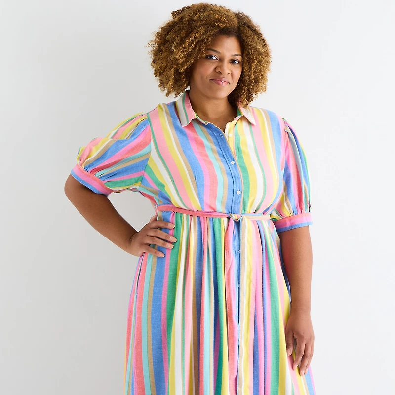 St. John's Bay Womens Plus Belted Elbow Sleeve Midi Striped Shirt Dress