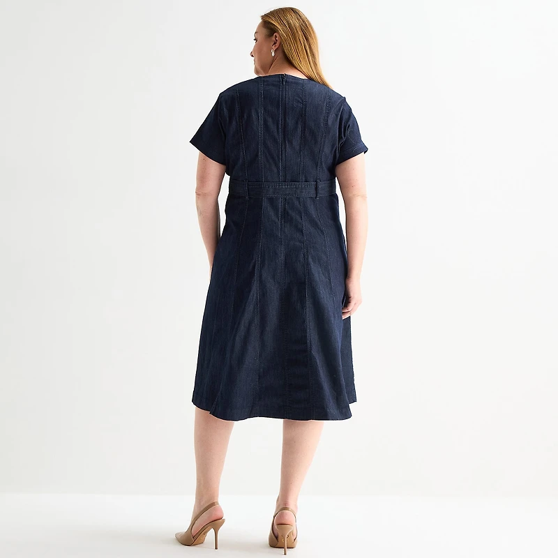 Liz Claiborne Womens Plus Midi Crew Neck Short Sleeve A-Line Dress