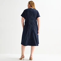 Liz Claiborne Womens Plus Midi Crew Neck Short Sleeve A-Line Dress