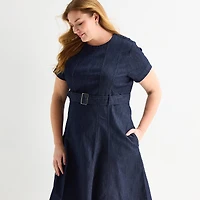 Liz Claiborne Womens Plus Midi Crew Neck Short Sleeve A-Line Dress