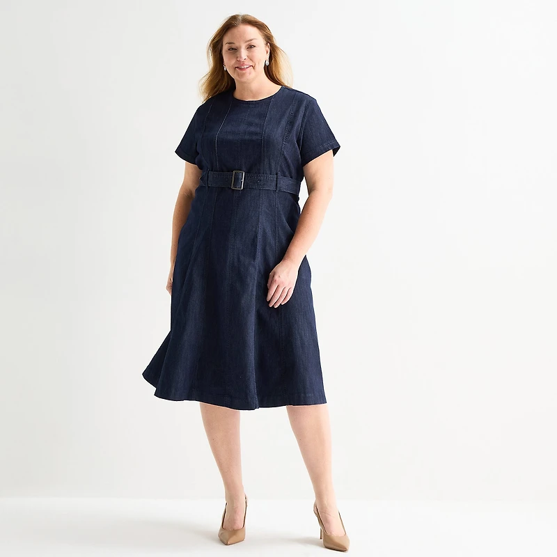 Liz Claiborne Womens Plus Midi Crew Neck Short Sleeve A-Line Dress