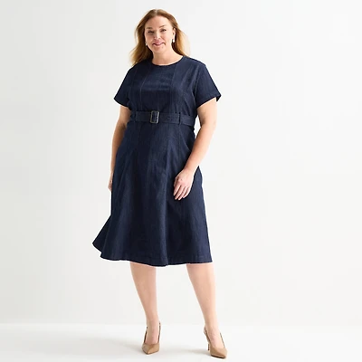 Liz Claiborne Womens Plus Midi Crew Neck Short Sleeve A-Line Dress
