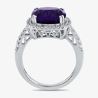 Womens Lab Created Purple Amethyst Sterling Silver Cushion Halo Side Stone Cocktail Ring