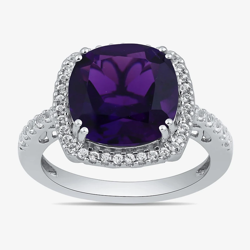 Womens Lab Created Purple Amethyst Sterling Silver Cushion Halo Side Stone Cocktail Ring