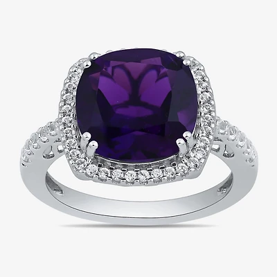 Womens Lab Created Purple Amethyst Sterling Silver Cushion Halo Side Stone Cocktail Ring