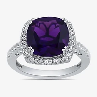 Womens Lab Created Purple Amethyst Sterling Silver Cushion Halo Side Stone Cocktail Ring