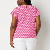 Liz Claiborne Womens Plus Round Neck Short Sleeve Blouse