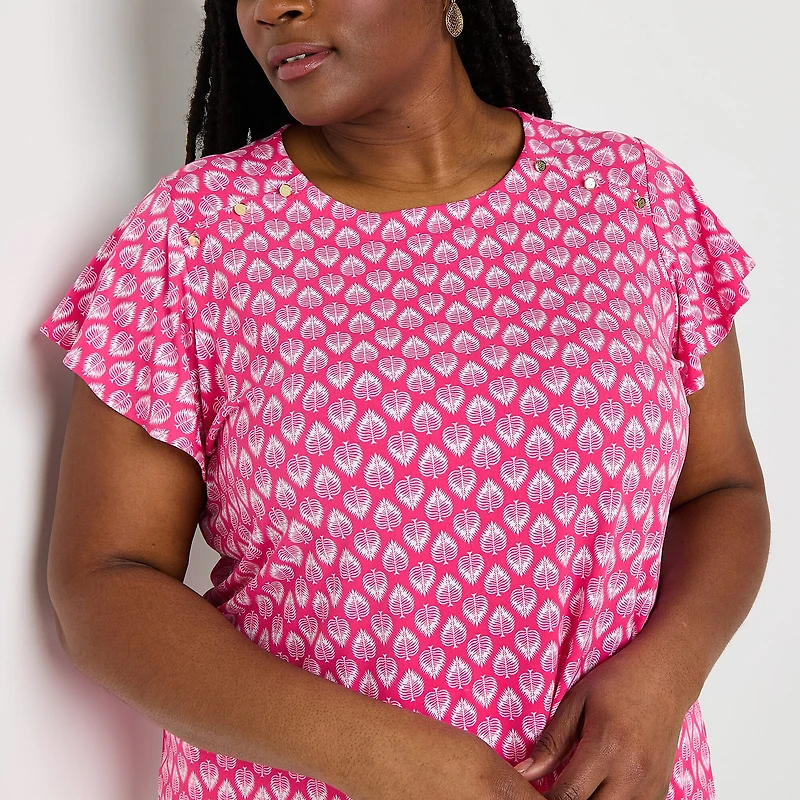 Liz Claiborne Womens Plus Round Neck Short Sleeve Blouse