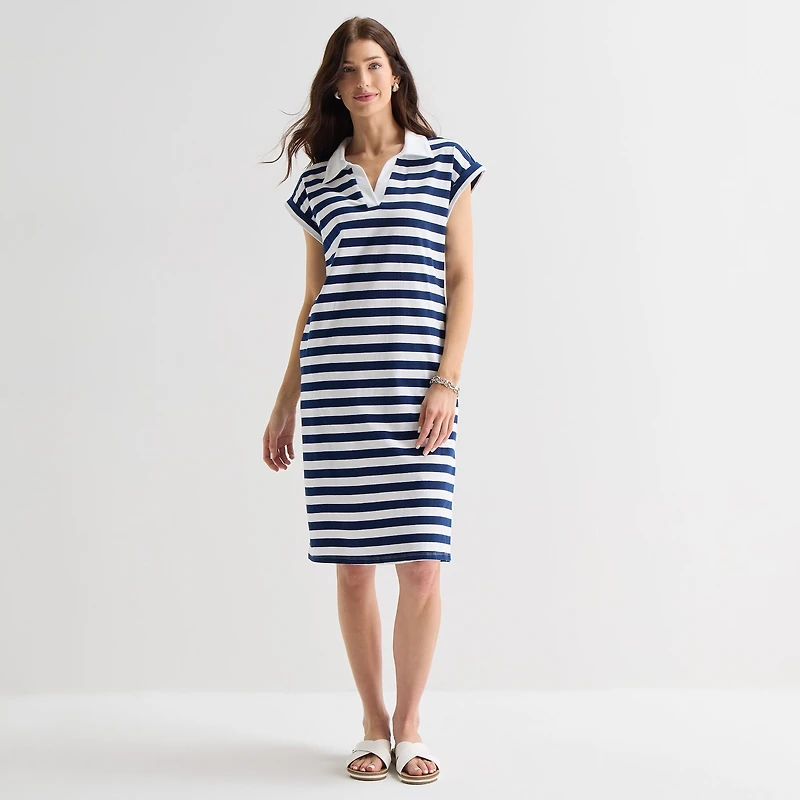 St. John's Bay Womens Short Sleeve Midi Striped Shirt Dress