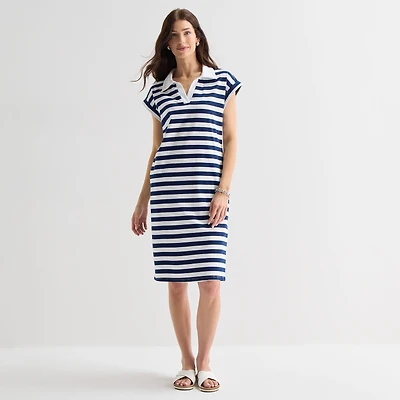 St. John's Bay Womens Short Sleeve Midi Striped Shirt Dress