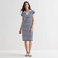 St. John's Bay Womens Short Sleeve Midi Striped Shirt Dress