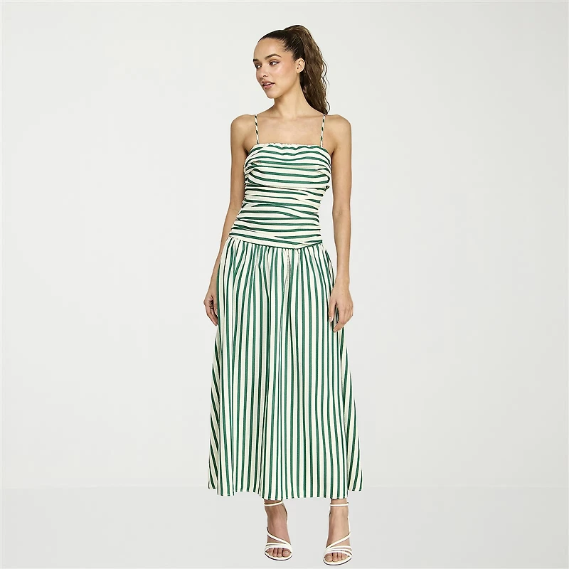belle vie Womens Sleeveless Straight Neck Striped Midi Drop Waist Dress