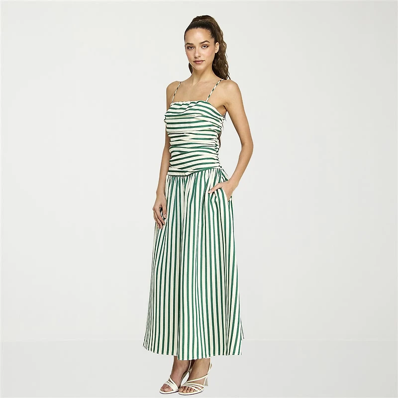 belle vie Womens Sleeveless Straight Neck Striped Midi Drop Waist Dress