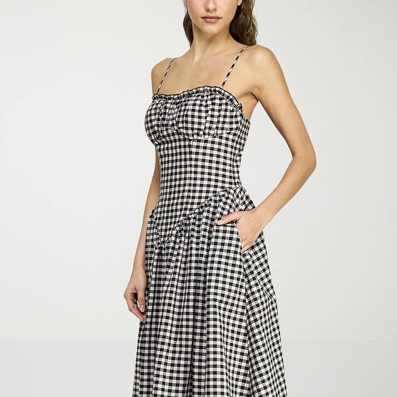 belle vie Womens Sleeveless Sweetheart Neck Gingham Midi Drop Waist Dress