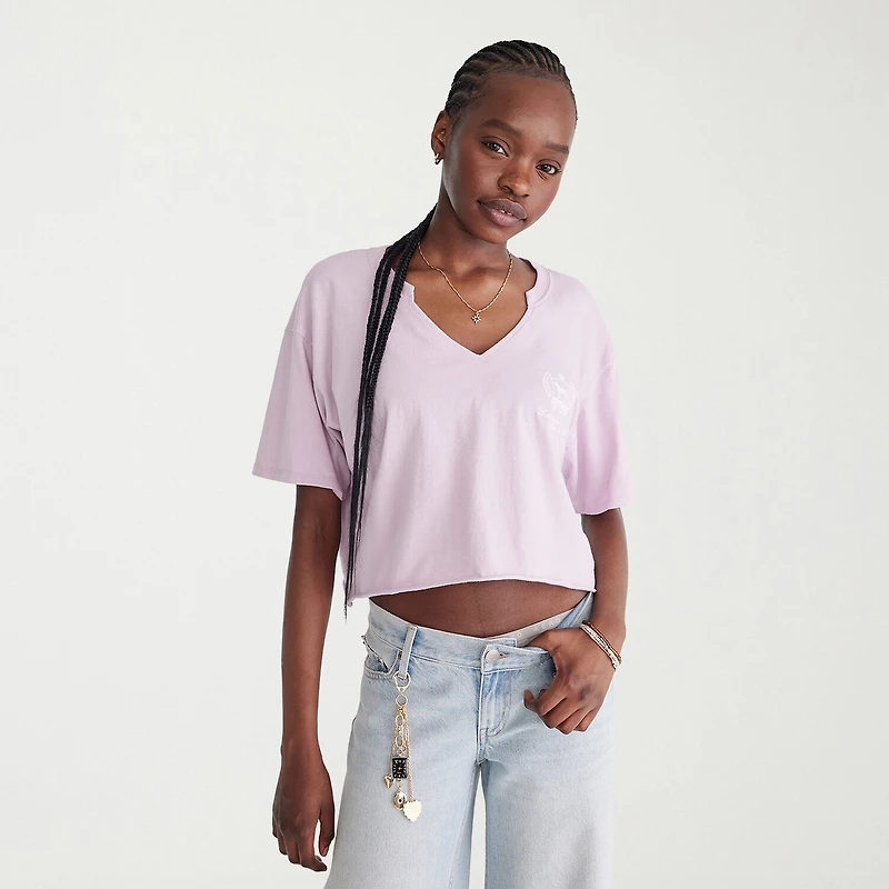 AEROPOSTALE Womens Juniors V Neck Short Sleeve Loose Fit Graphic T-Shirt