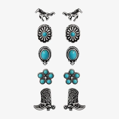 JS Jessica Simpson Silver Tone Western Stud Womens Turquoise Flower 5 Pair Earring Set