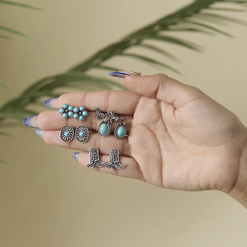 JS Jessica Simpson Silver Tone Western Stud Womens Turquoise Flower 5 Pair Earring Set