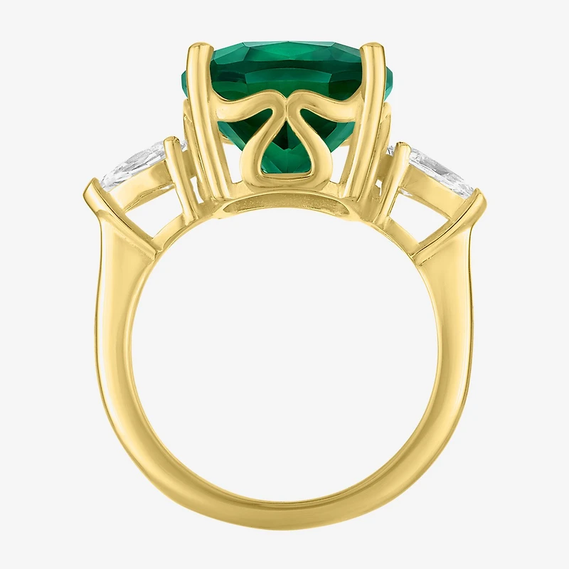 Womens Simulated Green Emerald 14K Gold Over Silver Cushion 3-Stone Cocktail Ring