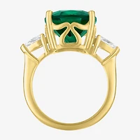 Womens Simulated Green Emerald 14K Gold Over Silver Cushion 3-Stone Cocktail Ring