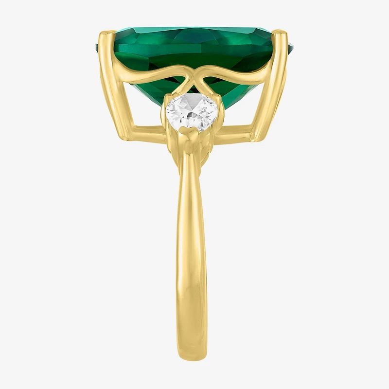 Womens Simulated Green Emerald 14K Gold Over Silver Cushion 3-Stone Cocktail Ring