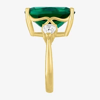 Womens Simulated Green Emerald 14K Gold Over Silver Cushion 3-Stone Cocktail Ring