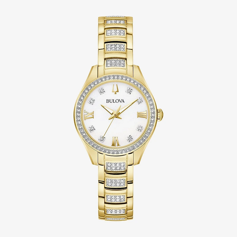 Bulova Crystal Womens Crystal Accent Gold Tone Stainless Steel Bracelet Watch 98l306