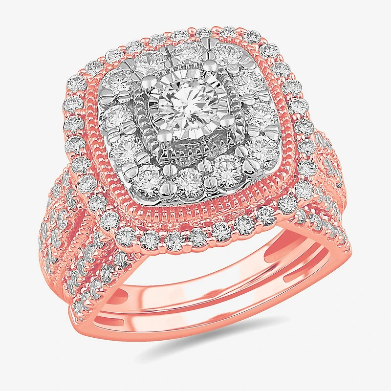 (G-H / Si1-Si2) Womens 2 CT. T.W. Lab Grown White Diamond 10K Gold Cushion Side Stone Bridal Set