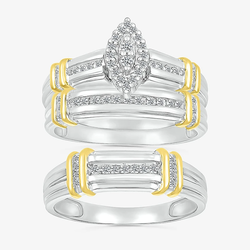 5.10mm Unisex Adult 1/4 CT. T.W. Natural White Diamond 10K Two Tone Gold Marquise Halo Side Stone Ring Set