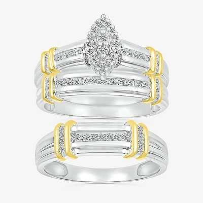 5.10mm Unisex Adult 1/4 CT. T.W. Natural White Diamond 10K Two Tone Gold Marquise Halo Side Stone Ring Set