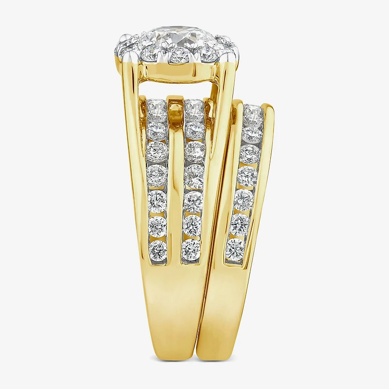 (G / Si1-Si2) Womens 3 CT. T.W. Lab Grown White Diamond 10K Gold Round Side Stone Halo Bridal Set