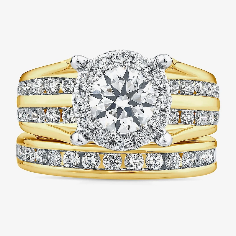 (G / Si1-Si2) Womens 3 CT. T.W. Lab Grown White Diamond 10K Gold Round Side Stone Halo Bridal Set