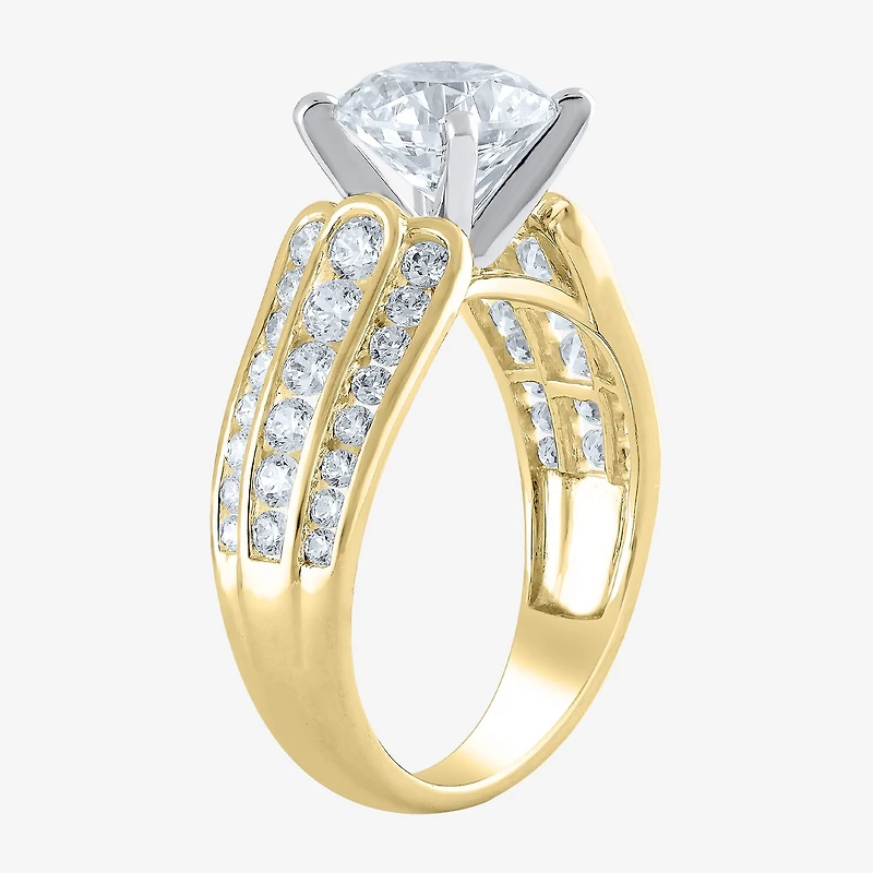 (F / Vs2) Womens 3 CT. T.W. Lab Grown White Diamond 10K Gold Round Side Stone Engagement Ring