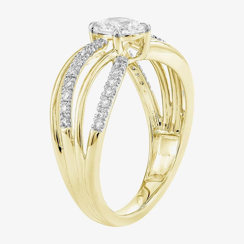 (F / Si2) Womens 1 CT. T.W. Lab Grown White Diamond 10K Gold Round Crossover Side Stone Cocktail Ring