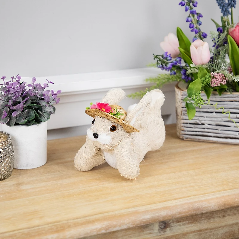 Northlight 9" Beige Rabbit With Floral Straw Hat Easter Figurine