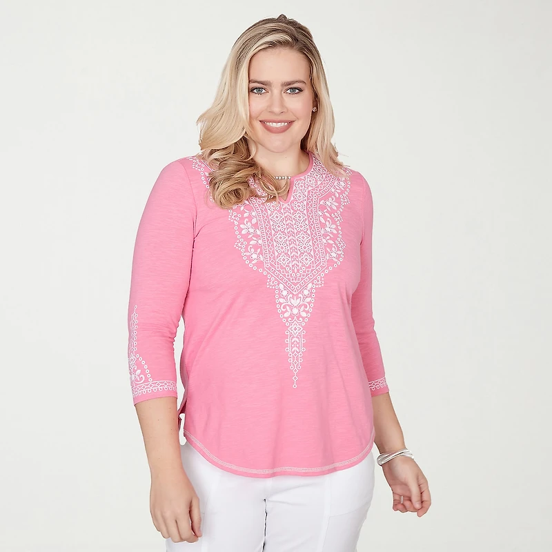 Alfred Dunner Womens Split Crew Neck 3/4 Sleeve T-Shirt